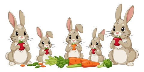 Family of Cute Cartoon Rabbits Enjoying Fresh Vegetables Healthy Eating Concept