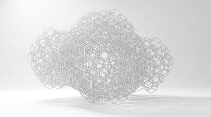 Abstract white wireframe geometric honeycomb cloud structure with shadows casting on white background digital 3d illustration render