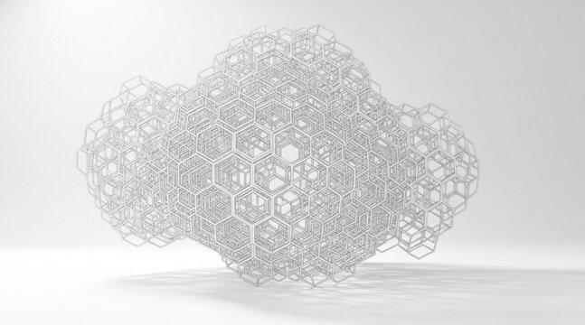 Abstract white wireframe geometric honeycomb cloud structure with shadows casting on white background digital 3d illustration render - Powered by Adobe