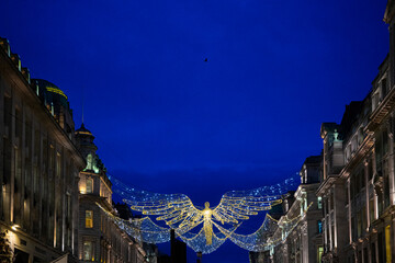 Regent Street Seasonal Festive Decorations, Holiday Display, Christmas Angel Lights Near Oxford...