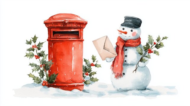 watercolour adorable illustration of a snowman which is a postman who brought Christmas mail from North pole to a vintage glossy red mailbox,