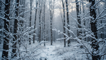 Snow covered branches in a winter forest landscape view