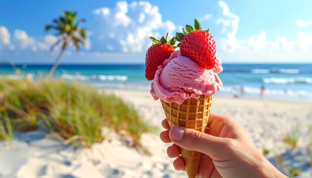 Close-up of hand holding a waffle cone with pink ice cream and two strawberries on a sunny beach. The ocean and sky visible