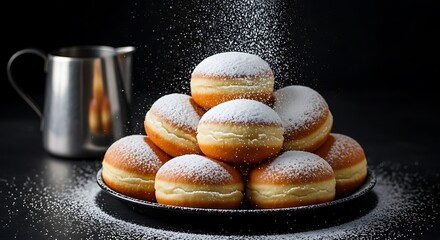 Photo of a pile of freshly baked donuts dusted with powdered sugar, served on a plate with a metal pitcher in the background, studio lighting