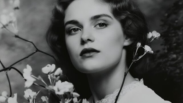 Vintage black and white portrait of woman turning head