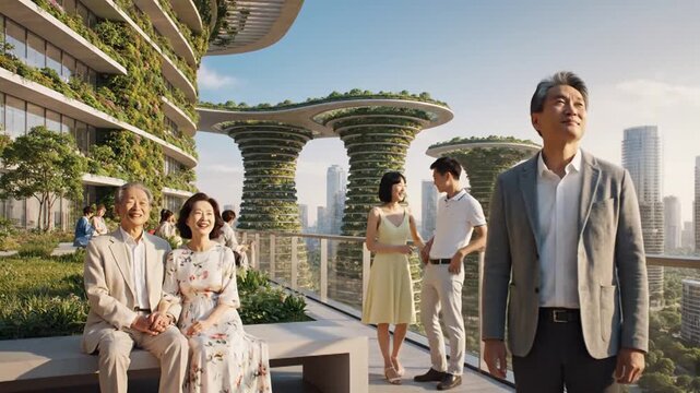 Dynamic Generations Enjoy Sustainable Urban Living in a Futuristic Eco-City with Lush Vertical Gardens
