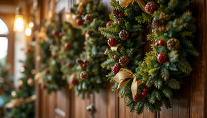 Festive christmas wreaths adorn a wooden door creating a warm and inviting holiday atmosphere