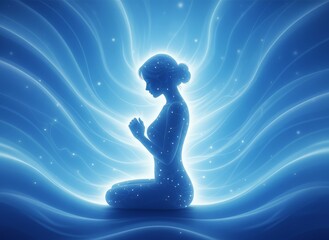 Calm woman silhouette in meditation with soft blue glow