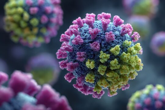 3D Illustration of Common Cold Virus Structure Featuring Dual Surface Spike Types in a Colourful Biological Background