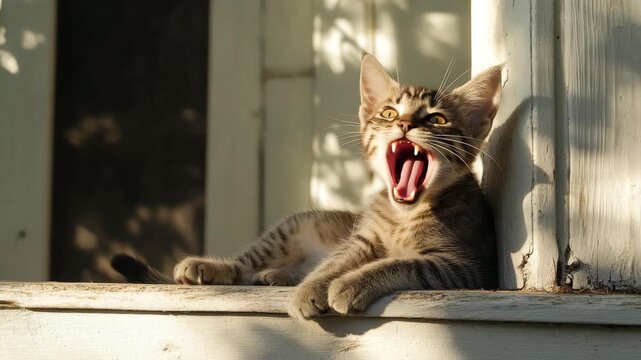 Angry cat showing teeth on porch
