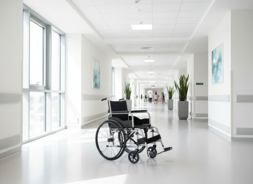 Wheelchair in bright modern hospital corridor