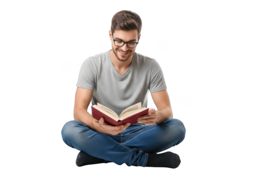 Young man with glasses wearing a grey t shirt and blue jeans sitting cross legged reading a book isolated on transparent background