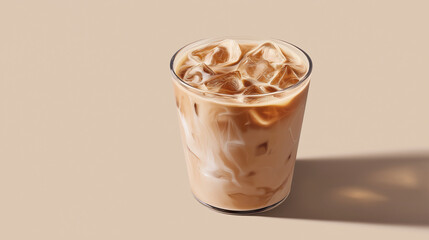 Minimalist Iced Coffee with Swirling Milk in Glass on Beige Background