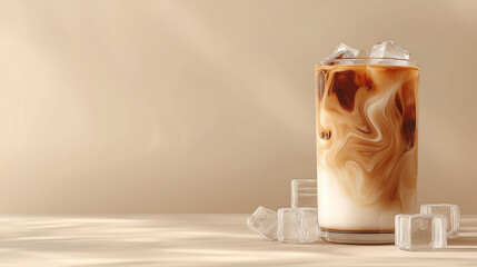 Iced Coffee with Milk Swirl and Ice Cubes on Minimal Beige Background