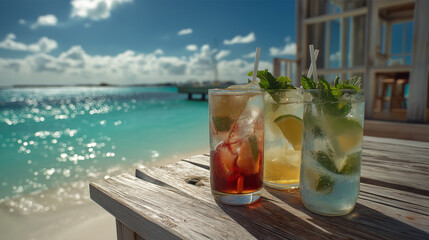 Refreshing Summer Cocktails by the Tropical Beachside with Lime and Min