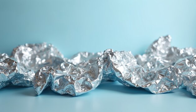 Shiny crumpled aluminum foil creates abstract landscape. Silver metallic texture on pale blue surface with reflections. Modern minimalist still life composition great for background creative design. - Powered by Adobe