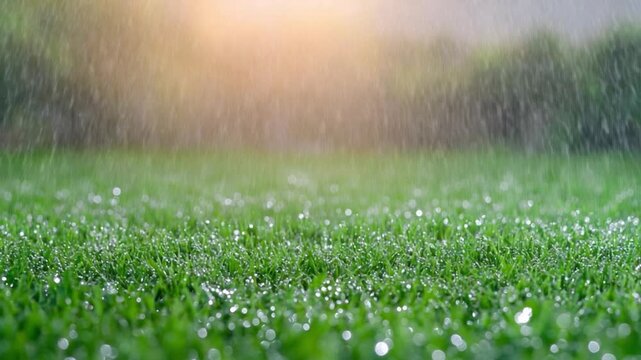Rain-Kissed Green Lawn: Capturing a close-up of a verdant lawn during a refreshing downpour, where tiny droplets of water glisten on the blades of grass as sunlight tries to peek through. 