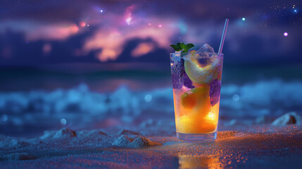 Glowing Tropical Cocktail on a Night Beach Under a Starry Sky