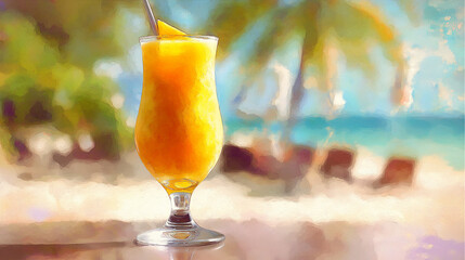 Mango Cocktail on a Tropical Beach with Palm Trees &ndash; Digital Painting Style
