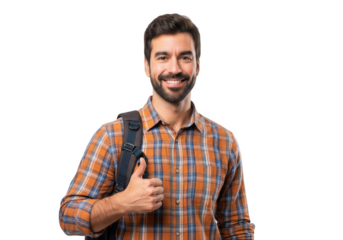 A smiling young man with a beard wearing a plaid shirt and carrying a backpack gives a thumbs up gesture isolated on transparent background