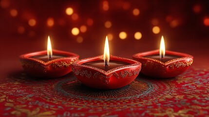 Three lit diyas on a red patterned surface create a warm and festive atmosphere perfect for diwali celebrations and cultural events