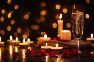 A romantic composition featuring a sparkling champagne flute surrounded by candlelight and rose petals evokes feelings of love and celebration for special moments.