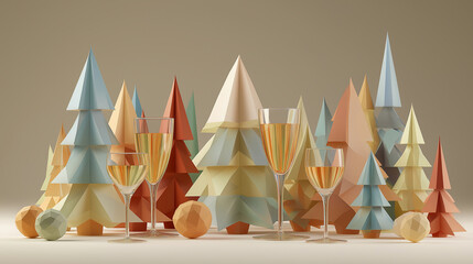 Geometric Christmas Trees with Wine Glasses in Minimal Festive Setting