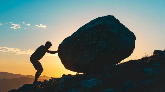 Silhouette of a man pushing a massive boulder uphill at sunset, symbolizing struggle and perseverance.