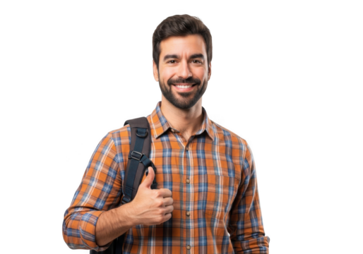 A smiling young man with a beard wearing a plaid shirt and carrying a backpack gives a thumbs up gesture isolated on transparent background