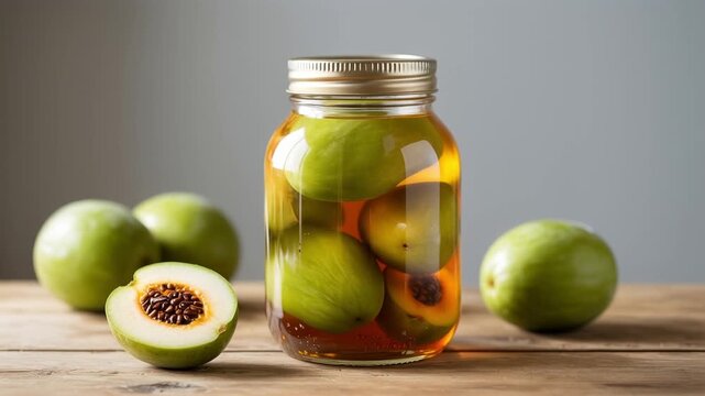 Fresh higo figs in glass jar with halved fruit on wooden table