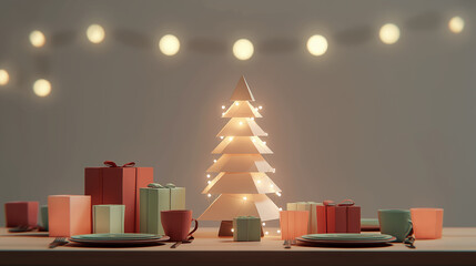 Modern Minimalist Christmas Table Setting with Geometric Tree and Gift Boxes