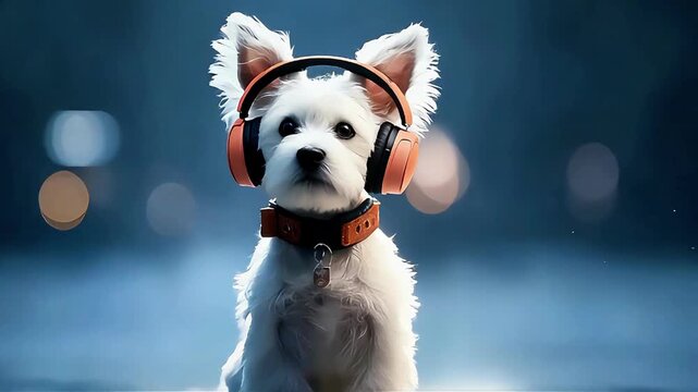 PawTunes: White Puppy Grooving with Orange Headphones