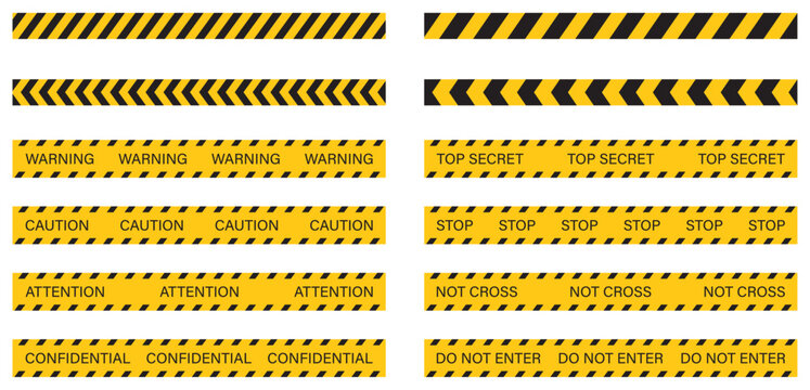 Warning and caution tape icons set. Hazard barrier stripes with text labels for safety. Safety sign, restricted area, construction zone and alert. Isolated vector illustration on white background.