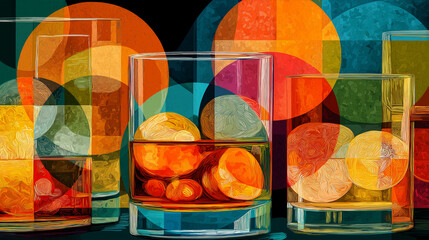 Abstract Cocktail Glasses with Ice and Overlapping Colorful Circles