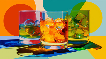 Colorful Cocktail Glasses with Spherical Ice Cubes on Abstract Geometric Background