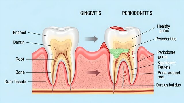 Diagram of Tooth with Gingivitis and Periodontitis Showing Dental Disease and Gum Infection