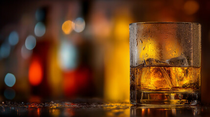 Close-Up of Whiskey Glass with Ice Against Warm, Blurred Bar Background