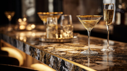 Luxury Cocktail Glasses on Marble Bar in Upscale Lounge
