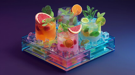 Colorful Fruit Cocktails with Citrus and Herbs on Illuminated Display with Ice Cubes