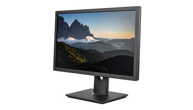A modern, black computer monitor displays a mountain landscape scene with lush green hills and a cloudy sky. It sits on a dark base