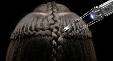 Robotic arm braiding hair on a womans head. Future beauty and hair care salon concept with advanced technology. Automation in personal grooming.