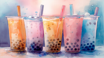 Watercolor Illustration of Colorful Bubble Tea Drinks in Plastic Cups