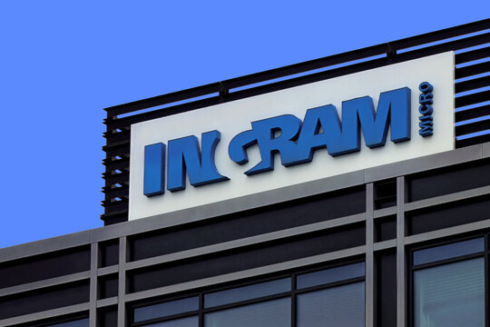 Ingram micro logo on the top of the office building.