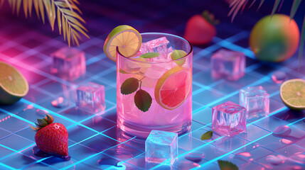 Neon Tropical Cocktail with Citrus and Ice on Futuristic Grid Surface