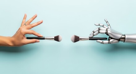 Woman and robot hand holding makeup brush offering beauty service. Artificial intelligence in cosmetology, future of automation in beauty industry.