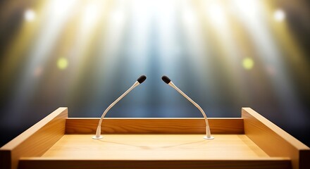 A wooden lectern with two microphones, illuminated by bright spotlights, suggesting a speech or presentation