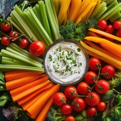 beautifully arranged vegetable platter with carrots, celery, bell peppers, cherry tomatoes, ranch dip in center, festive decor, bright lighting