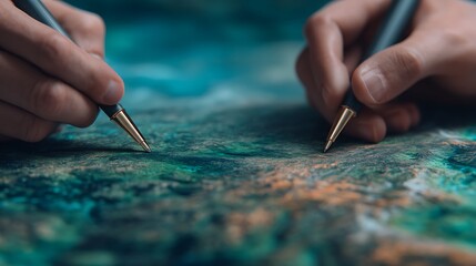 Close-up of two hands holding pens, poised above a colorful, textured surface, suggesting collaboration or creativity in art or design.