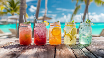 Colorful Summer Drinks in Mason Jars by the Tropical Beach