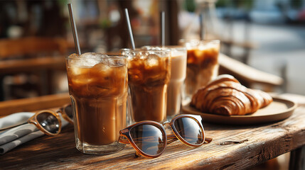 Refreshing Iced Coffee and Croissant on Rustic Caf&eacute; Table with Sunglasses